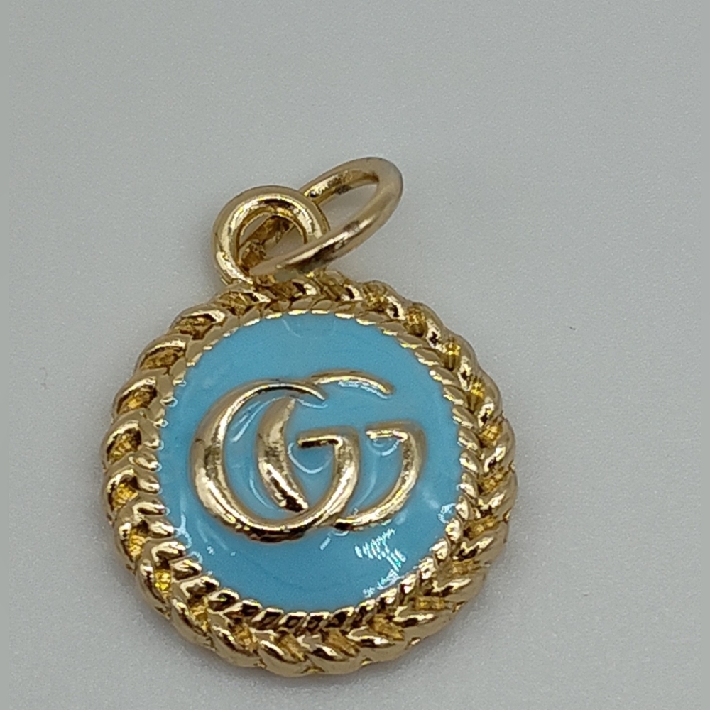 GUCCI Blue Enamel GG Logo Charm Gold Tone Rope Frame Y2K Pendant Charm Pull